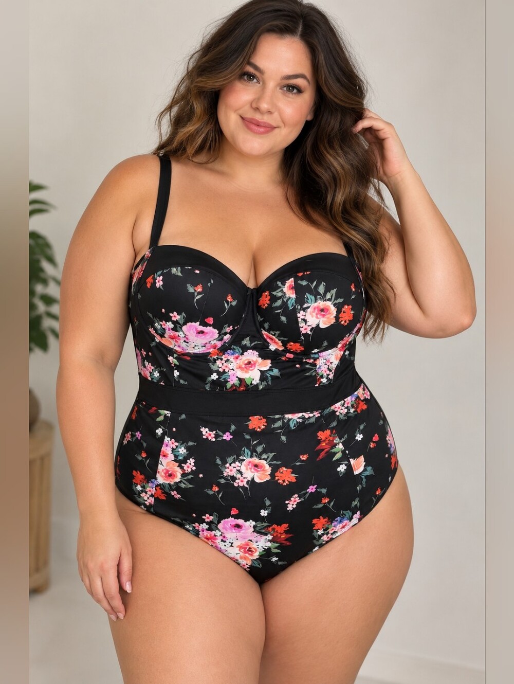 Torrid Size 3 Black Floral One Piece Swimsuit Structured Cups Adjustable Straps